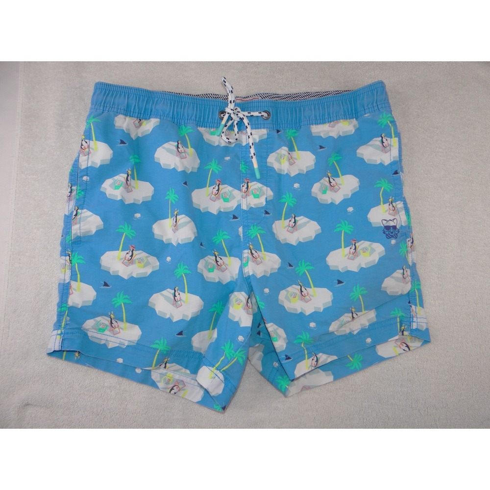 Party Pants Mens Blue Penguin Iceberg Palm‎ Tree Print Swim Trunks Size Large